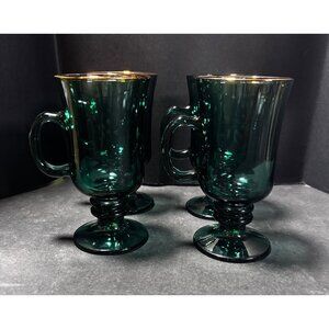 Libbey Juniper Green Glass Footed Coffee Mugs With Gold Rim Accent Vintage 80s